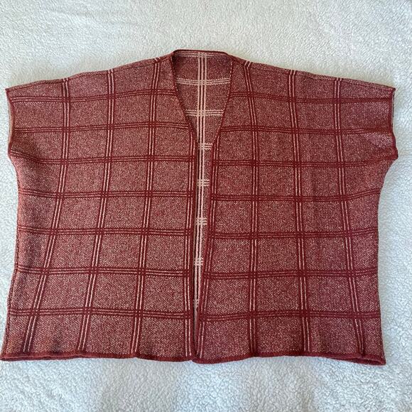 Rust Textured Knit Windowpane Open Cardigan Boho Cozy Layering - Picture 3 of 9